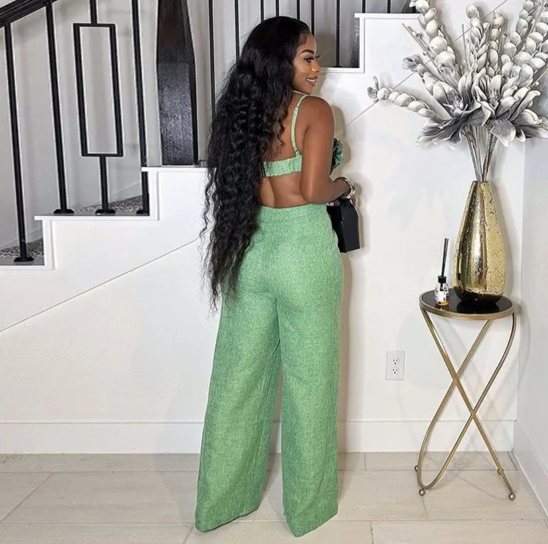 Conjunto de 2 piezas 5002#: Top tipo bralette con estampado floral 3D de color liso y pantalones anchos de cintura alta