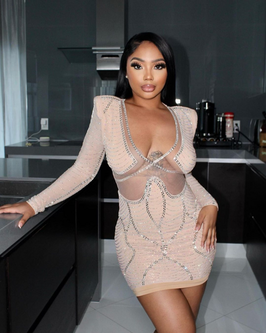 1717# Short dress with V-neckline, rhinestone details