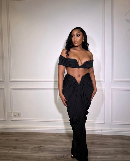 1724# V-neck top long ruched skirt V-belly