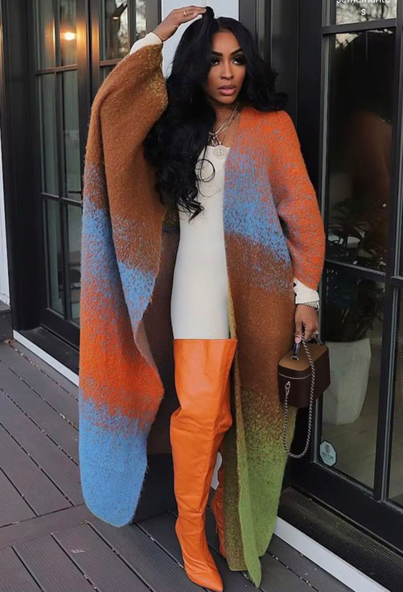 USMODE  Cardigan de Tricô com Ponto Aberto, Estilo Patchwork Grosso, Elegante, Solto ,Casual e Estampados