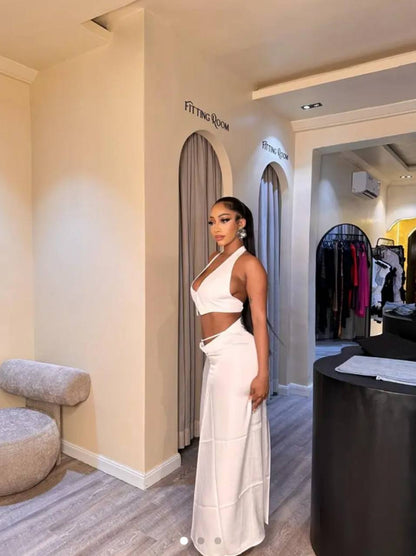 CJ80013# Conjunto com decote em V sem mangas +  saia longa