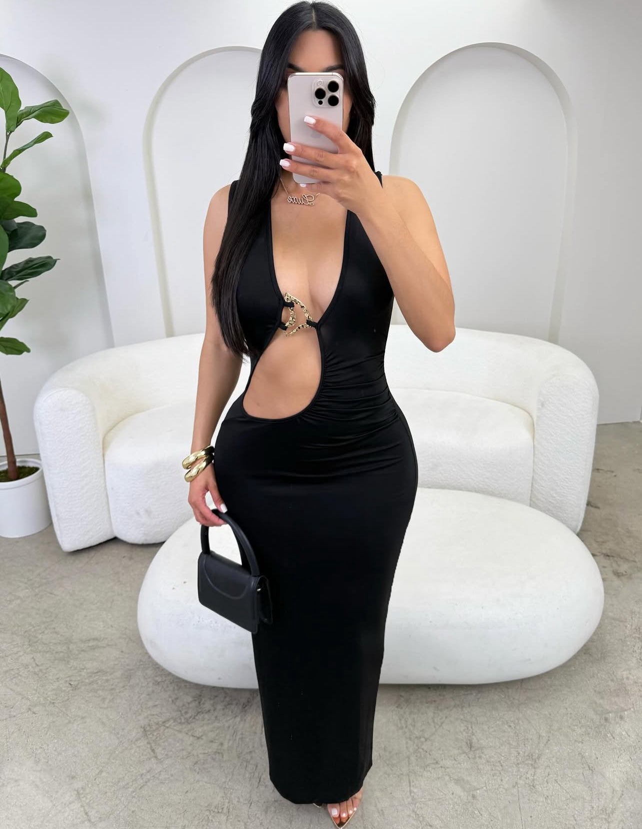 VL80027  Vestido justo com decoração de metal feminino