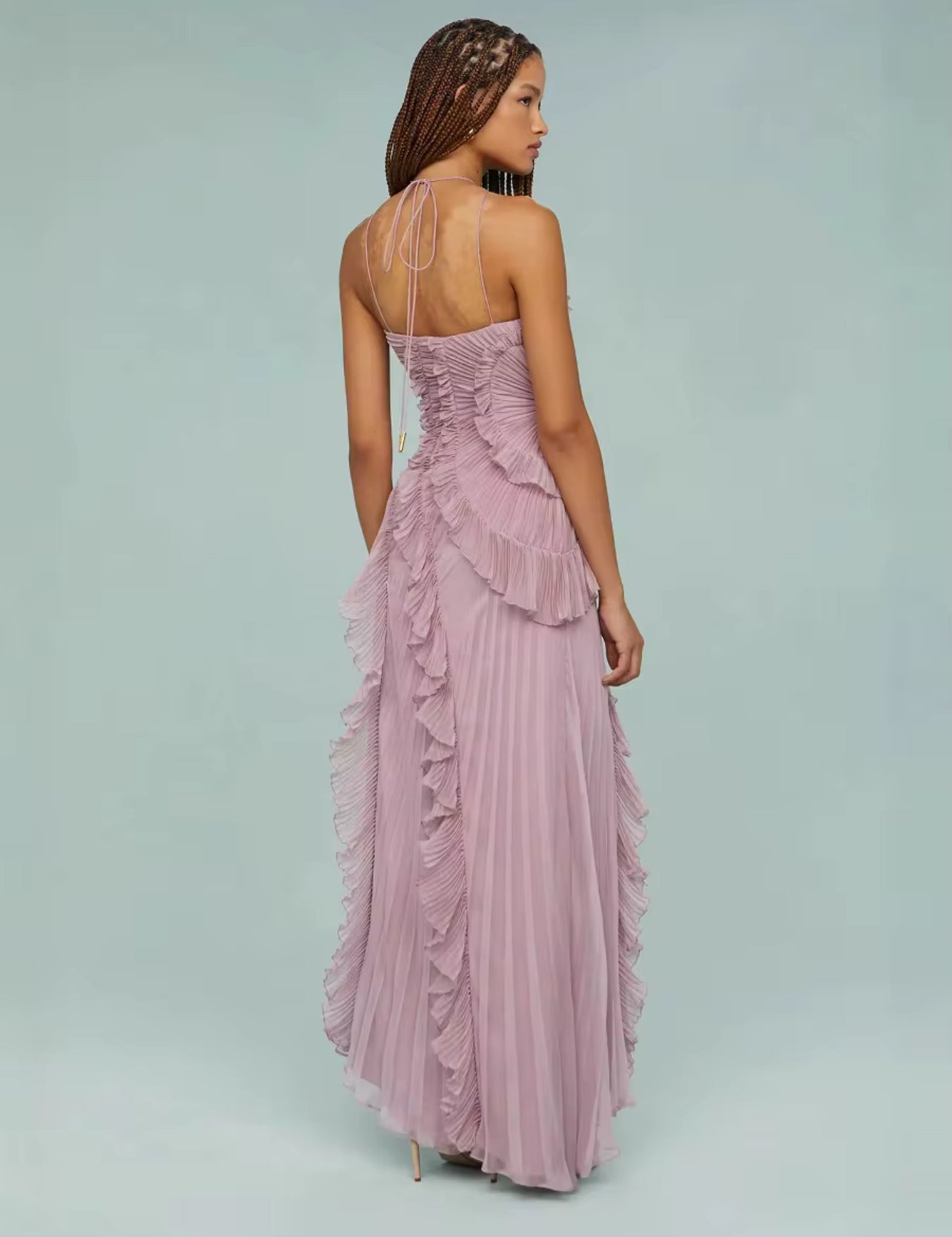 VL80059 Vestido longo assimétrico babados, para baile, elegante