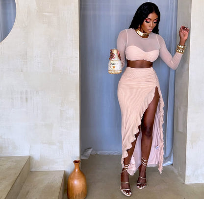 VL80042 Conjunto manga longa malha  saia com alta fenda