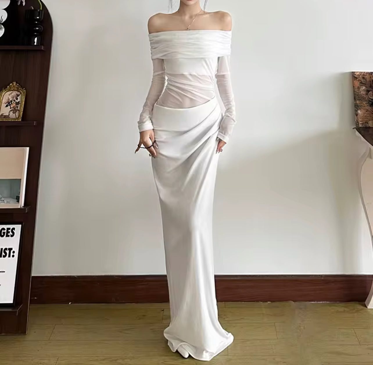 VL80002# elegante, sexy, com cintura franzida, transparente, justo, manga comprida