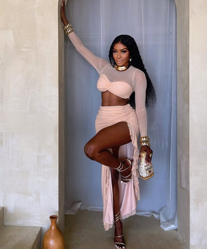 VL80042 Conjunto manga longa malha  saia com alta fenda