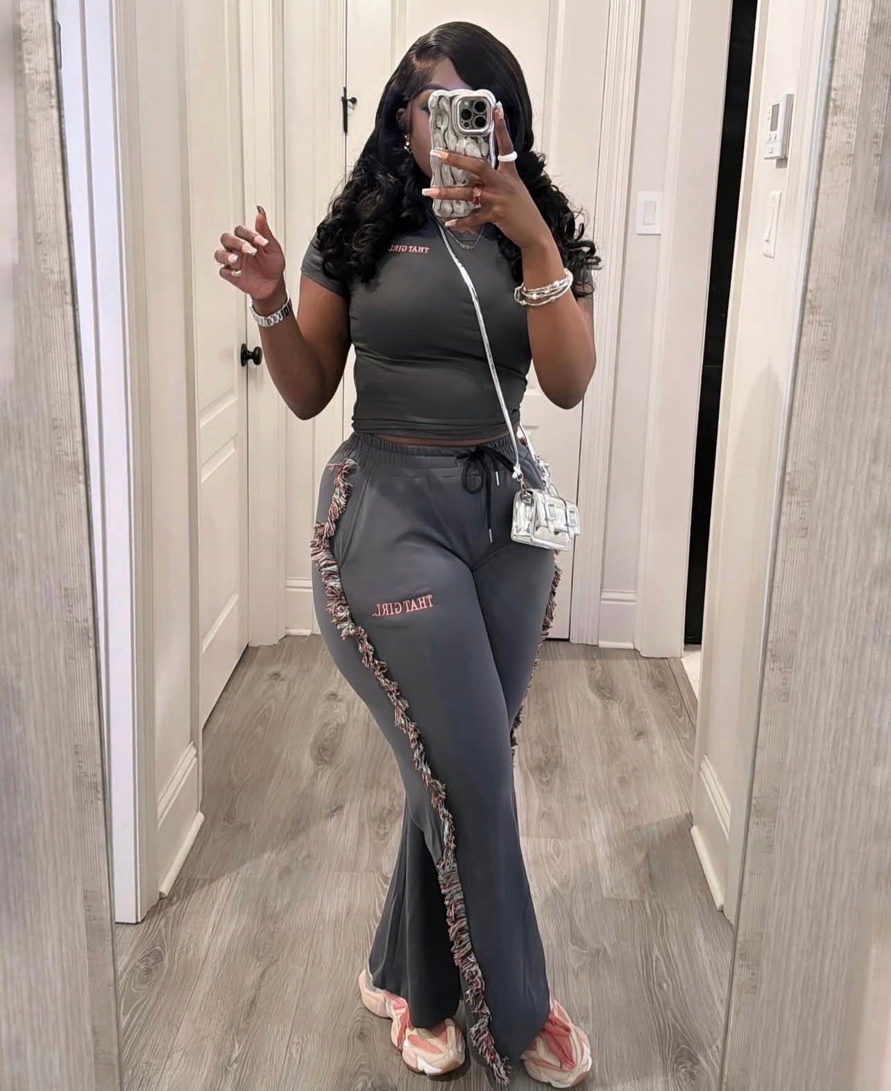 US MODE  Conjunto basic calça com franja irregular 