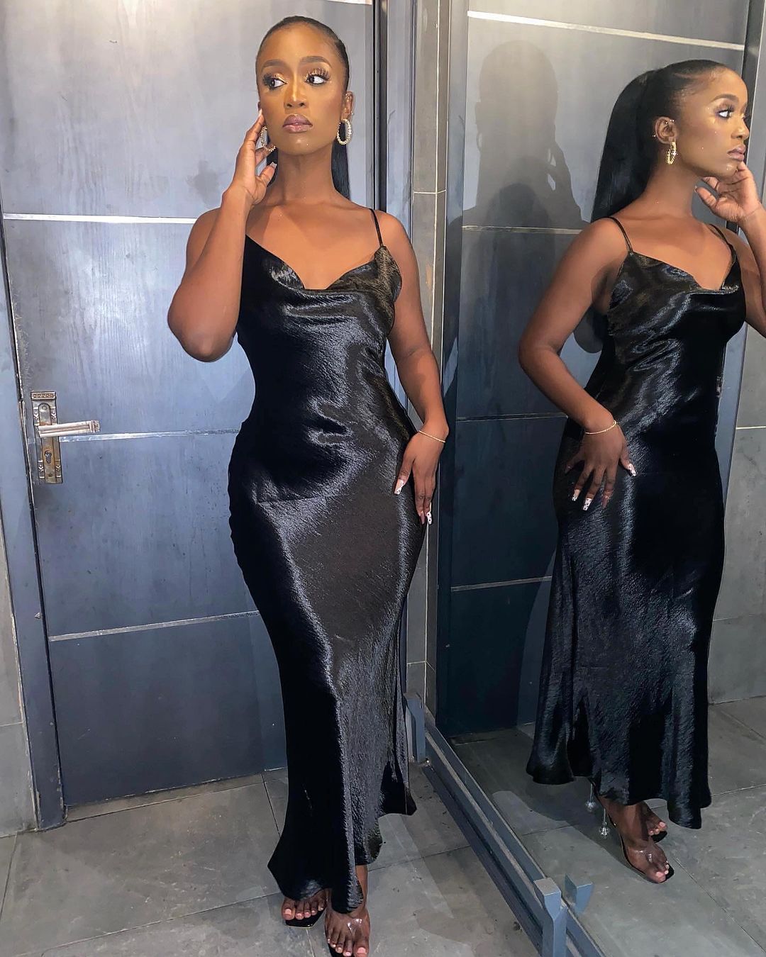 1720# backless maxi in satin, spaghetti waist