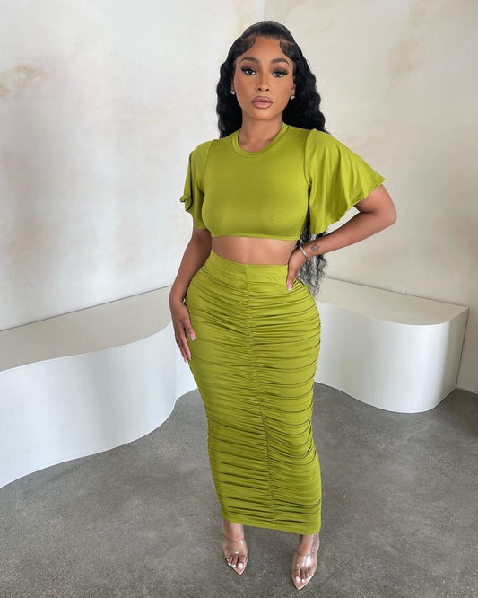 1622# set with loose short sleeves, long pleated skirt