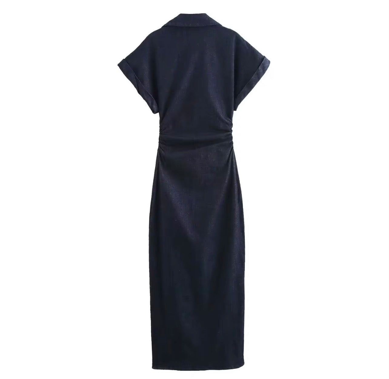 Vestido longo elegante com gola virada para baixo, manga curta e botões