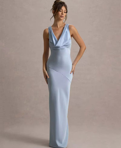 200017# Vestido com decote drapeado e costas nuas
