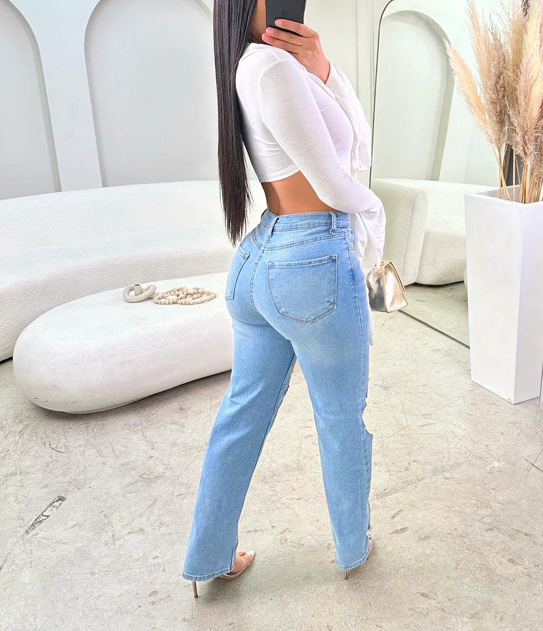 2008# Ruffle Trim Flare Sleeve Knot Front Crop Top