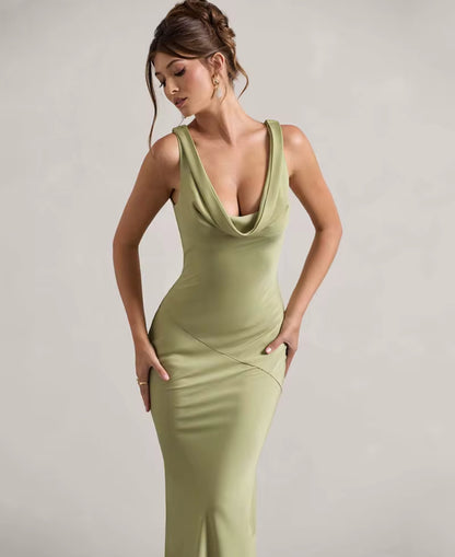 200017# Vestido com decote drapeado e costas nuas