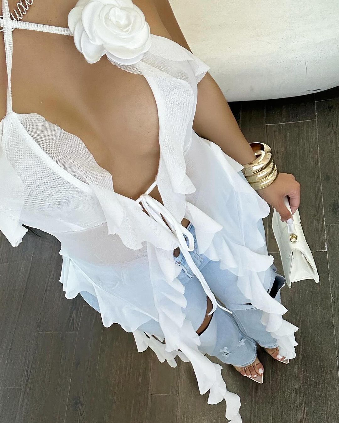 2009# Sleeveless Open Back Ruffle Trim