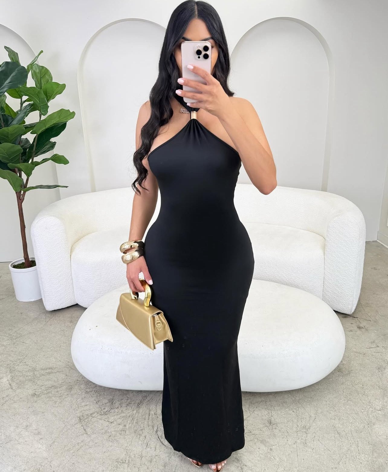 VL80028# Vestido longo justo sem mangas e gola alta