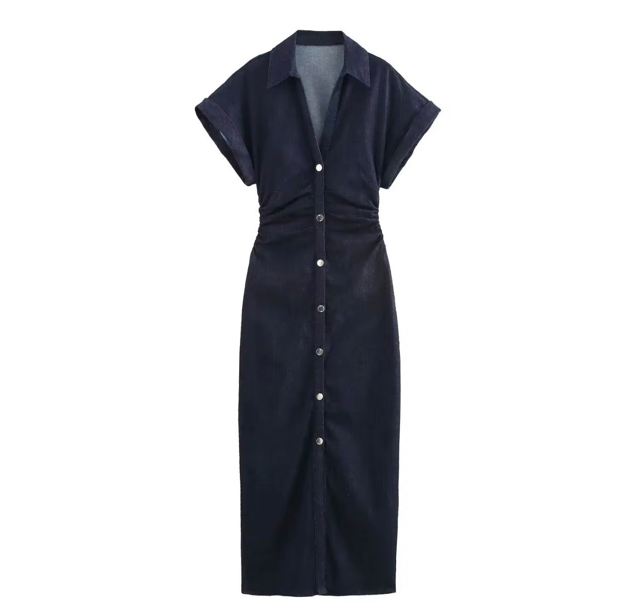 Vestido longo elegante com gola virada para baixo, manga curta e botões