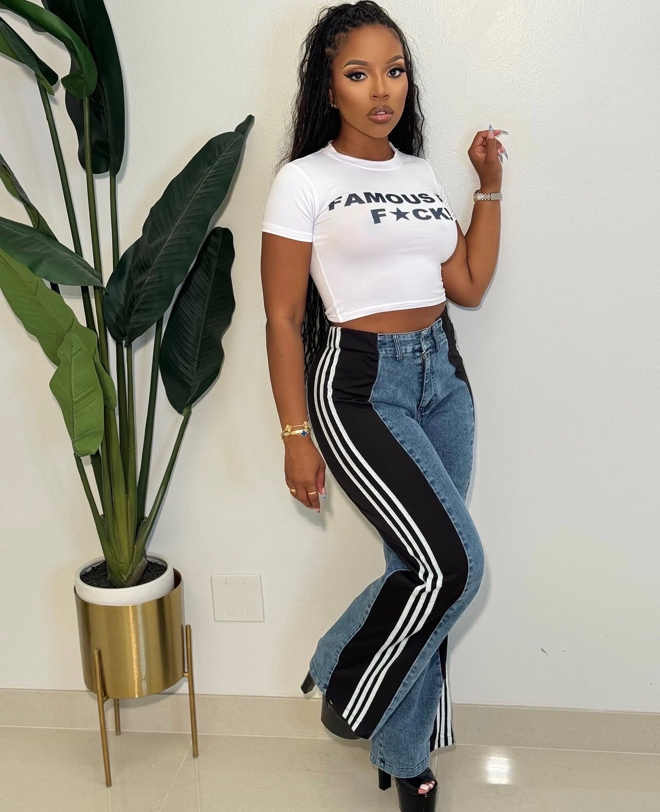 US MODE Calça listrada patchwork calças largas cintura alta elástico calças retas