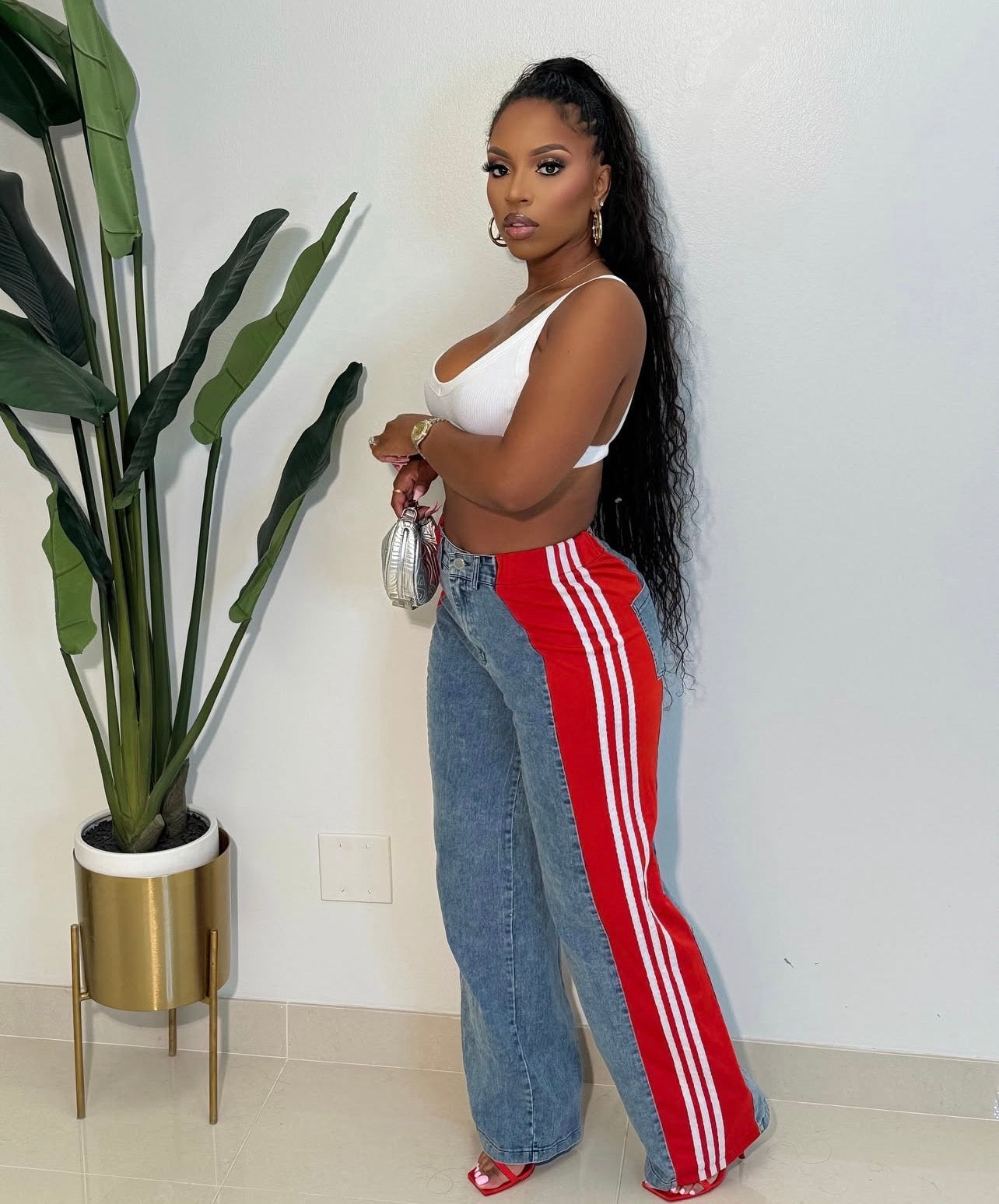 US MODE Calça listrada patchwork calças largas cintura alta elástico calças retas