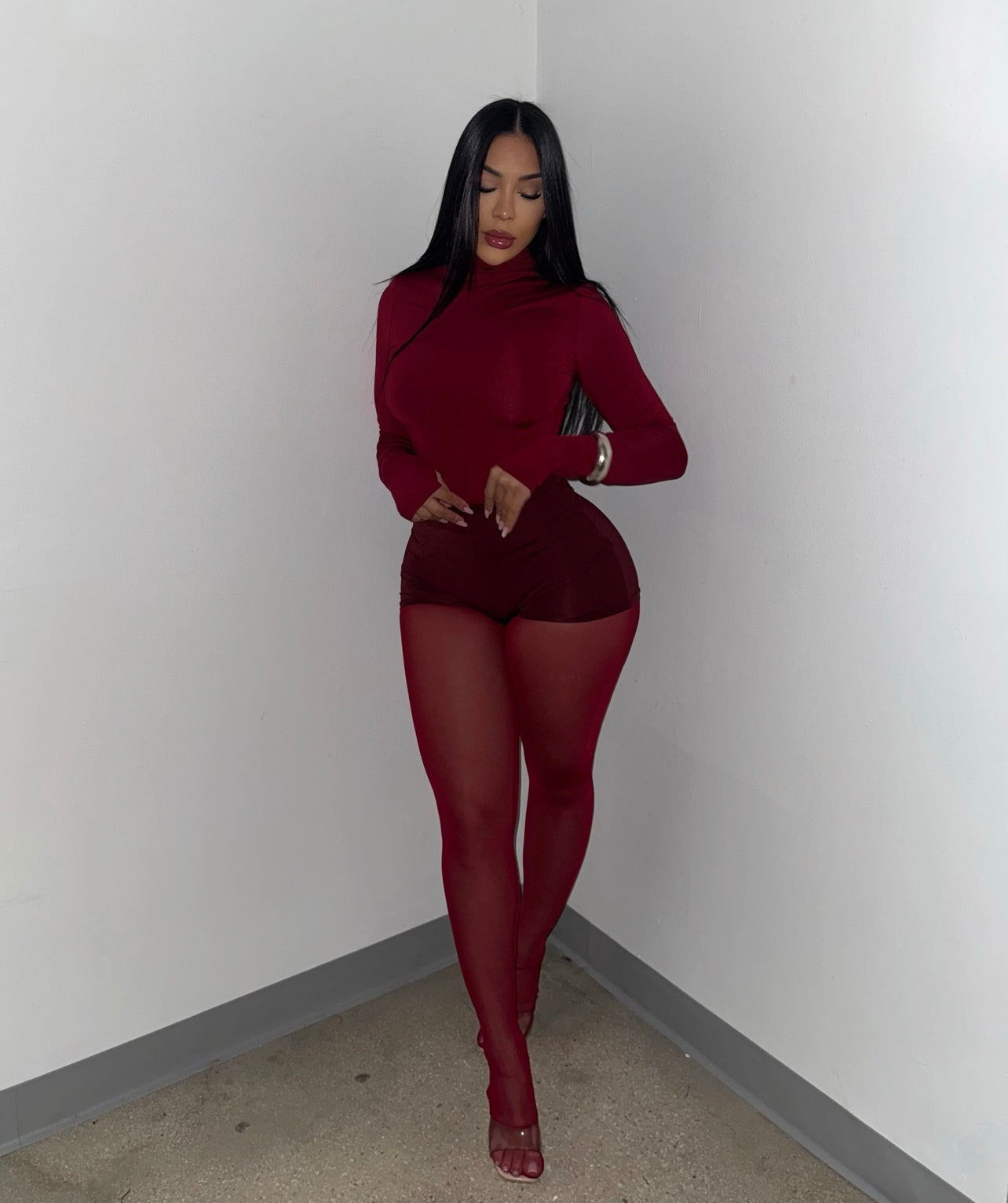 US MODE Conjunto 3 peças blusa manga comprida, calça transparente, calção ciclista , conjunto sexy