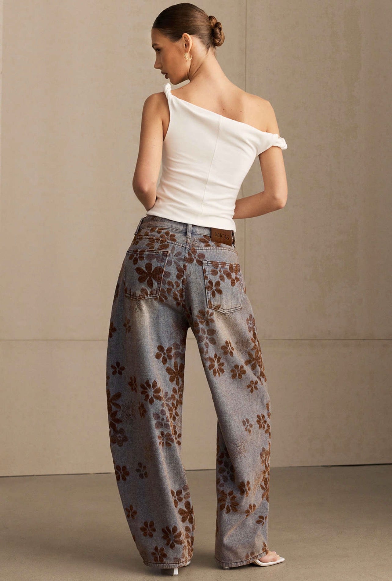 jeans estampado floral cintura alta calças estilo oversize