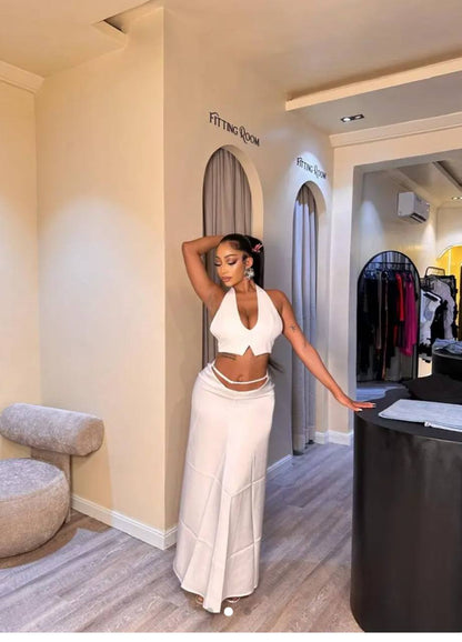 CJ80013# Conjunto com decote em V sem mangas +  saia longa