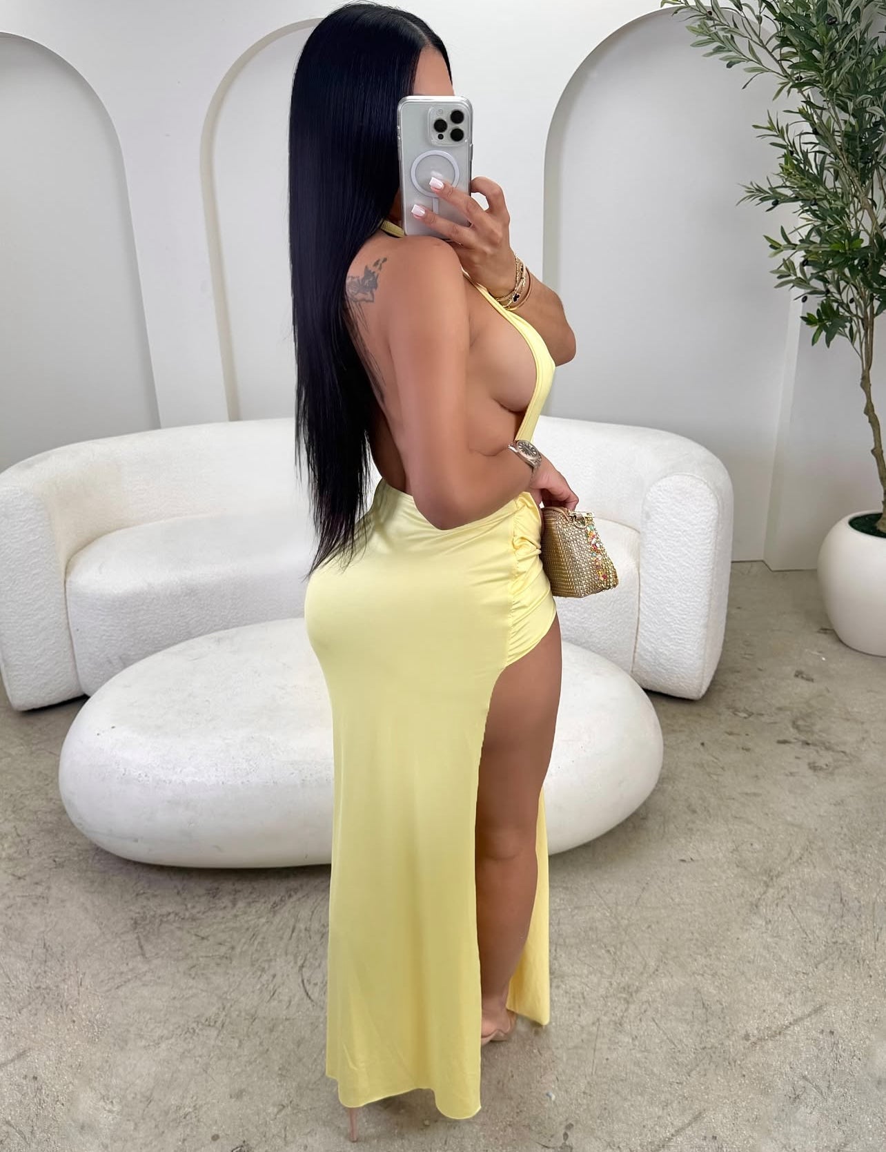 SX Vestido sexy, liso, sem costas, com fenda alta