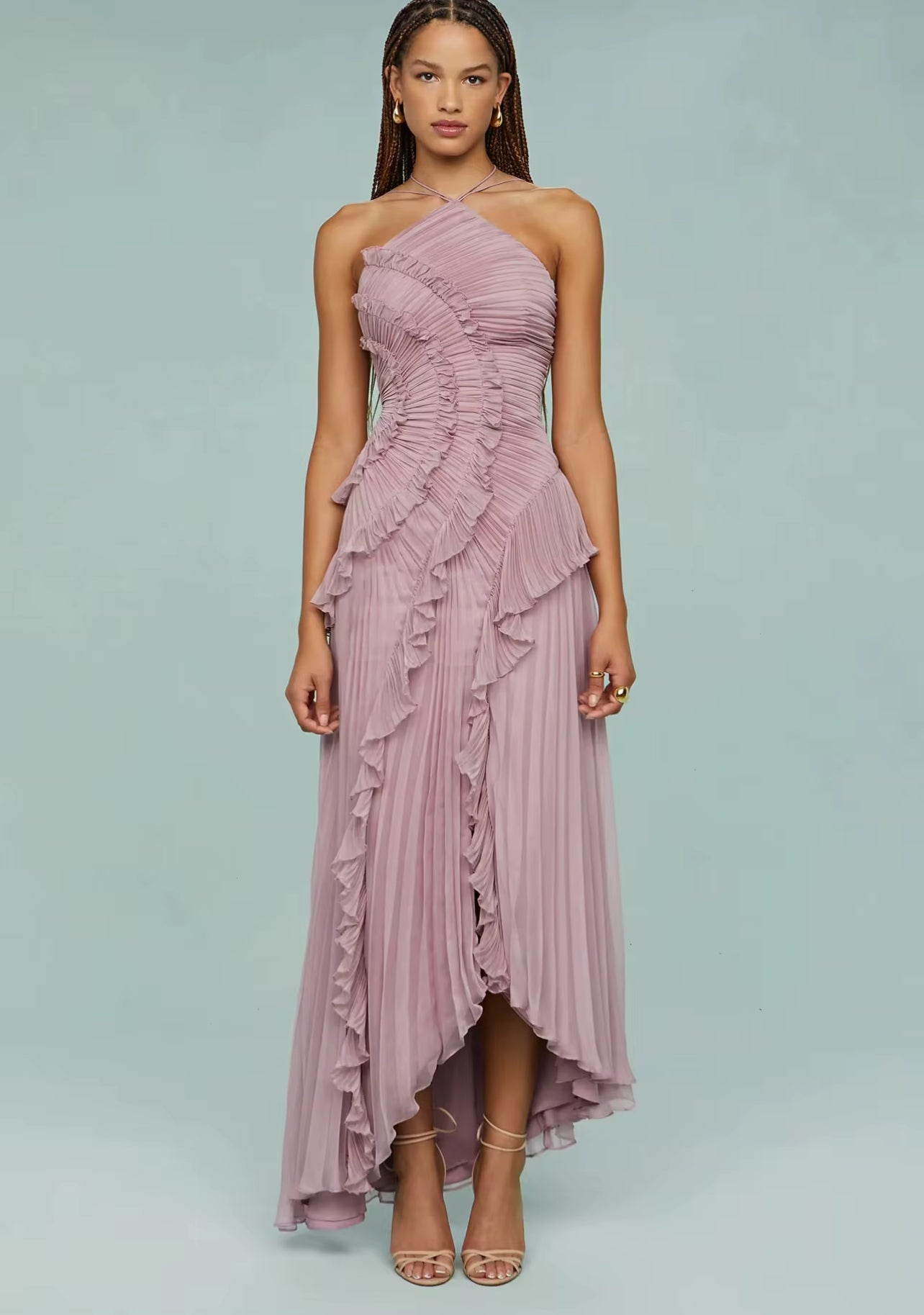 VL80059 Vestido longo assimétrico babados, para baile, elegante