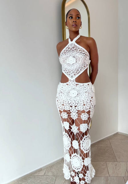 P80017# Vestido amarrado no pescoço com cobertura mini saia