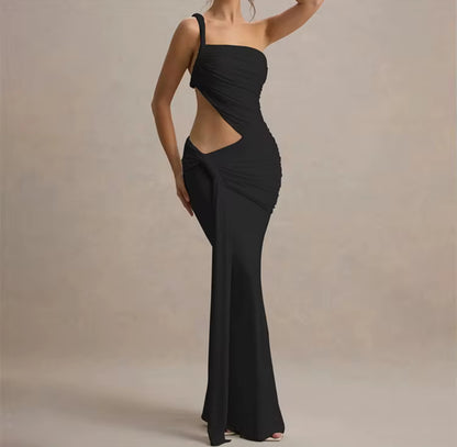 V1007# vestido longo justo irregular uma alça