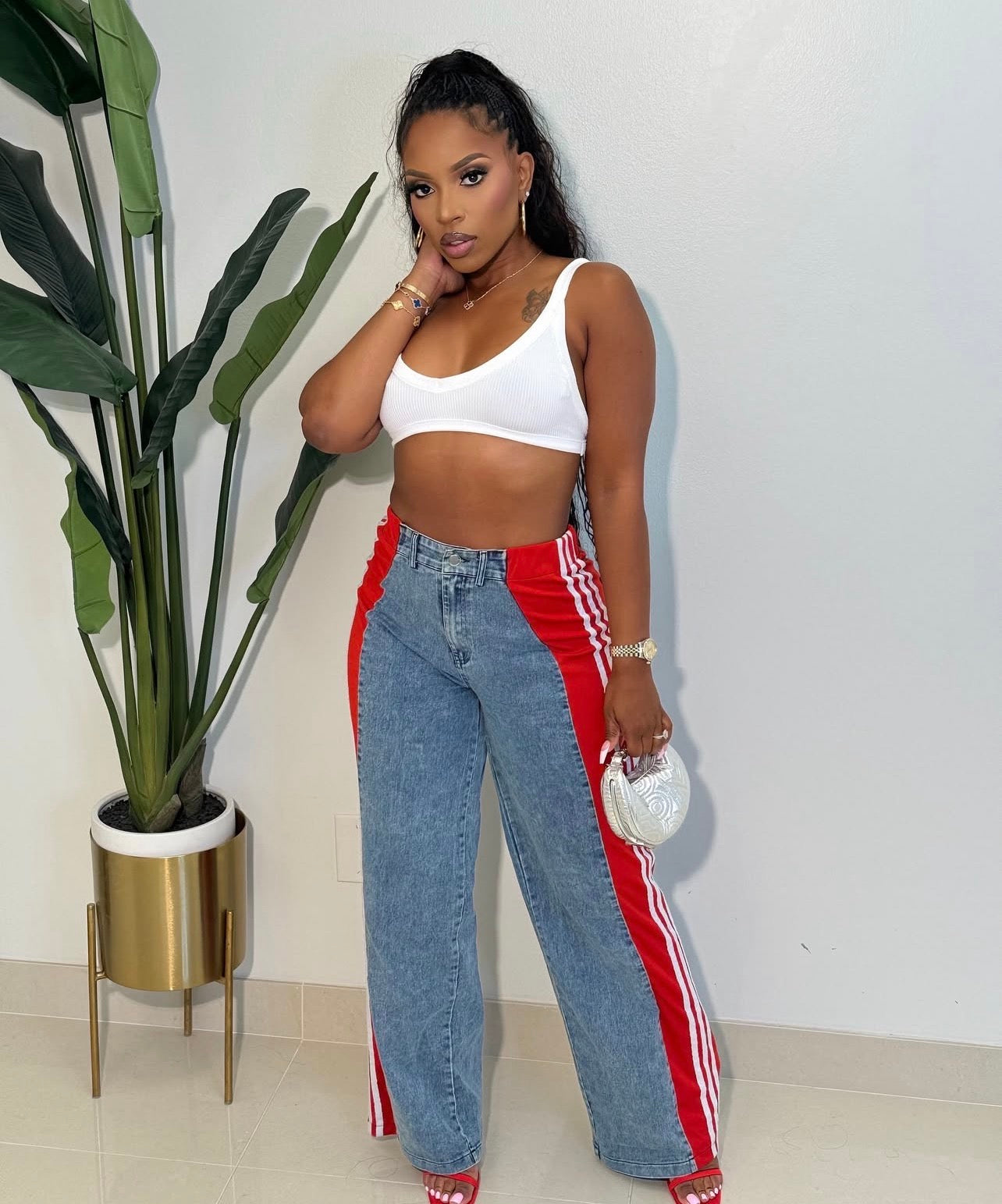 US MODE Calça listrada patchwork calças largas cintura alta elástico calças retas