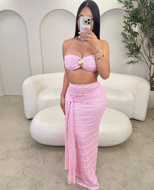 CJ1102# Conjunto com top e saia longa de renda verão