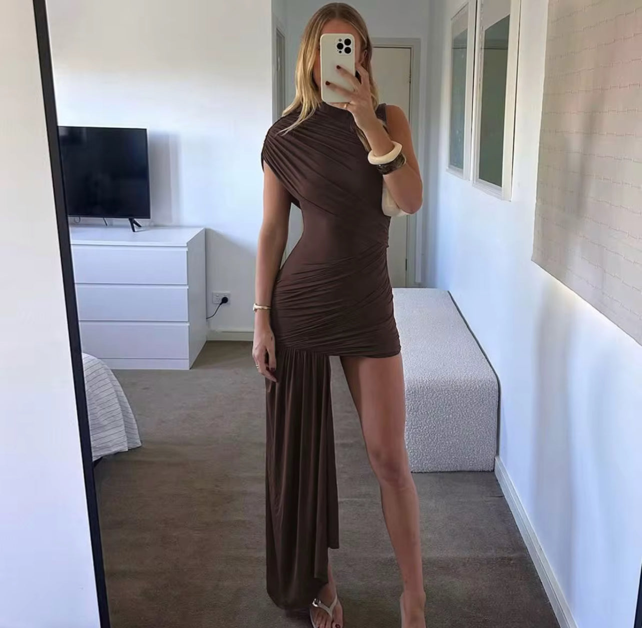 ZA10013#vestido plissado irregular