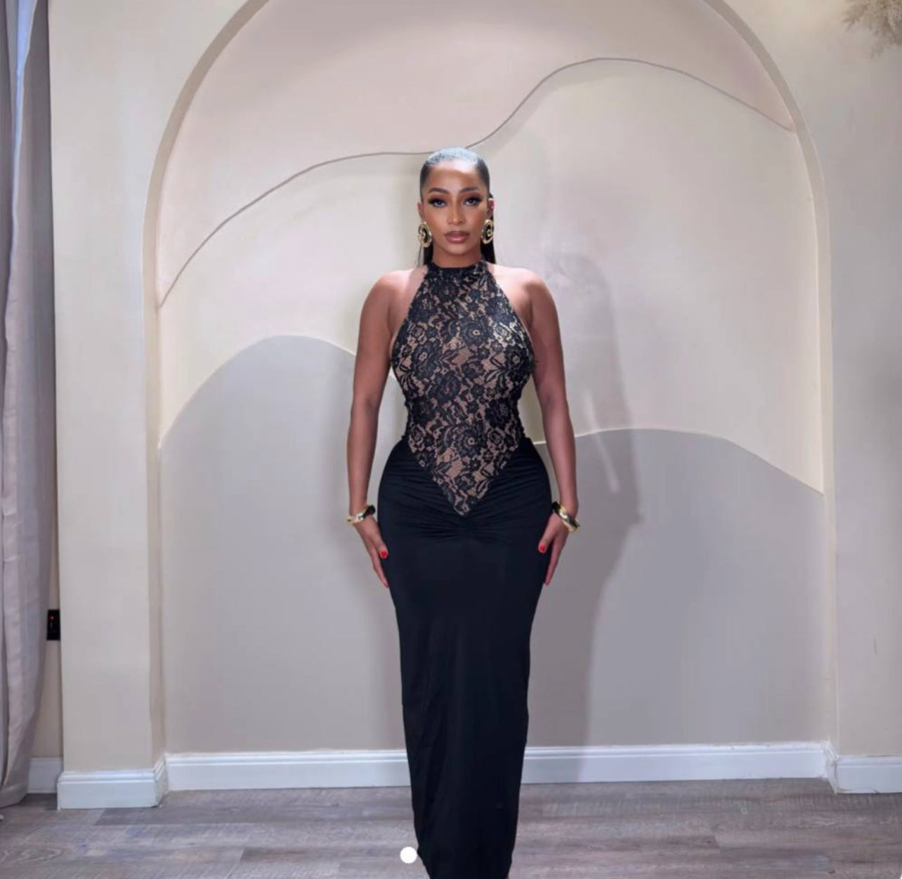 VL80048 Vestido longo de verão com renda patchwork, costas nuas, franzido, colado ao corpo