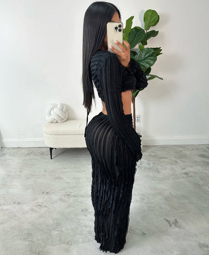 CJ 2007# crop top com gola saia longa plissada