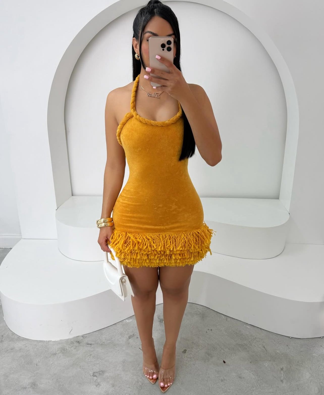 MINI LUXE Vestido curto com franja