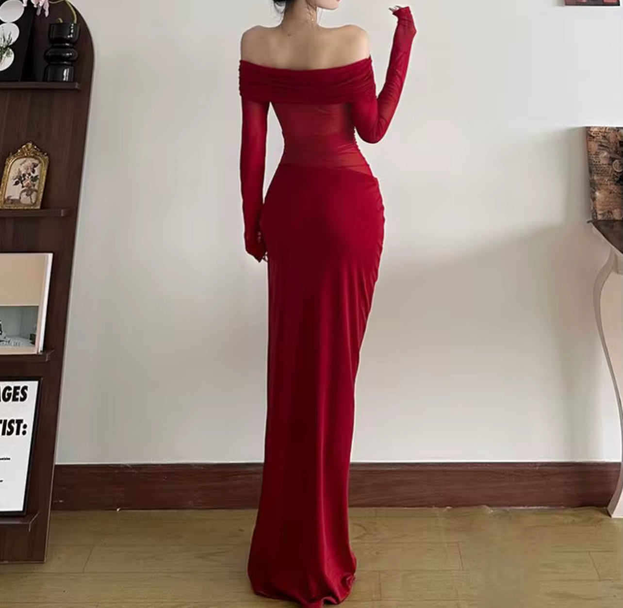 VL80002# elegante, sexy, com cintura franzida, transparente, justo, manga comprida