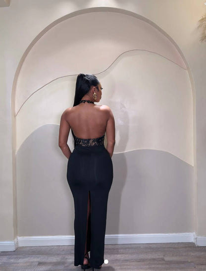 VL80048 Vestido longo de verão com renda patchwork, costas nuas, franzido, colado ao corpo