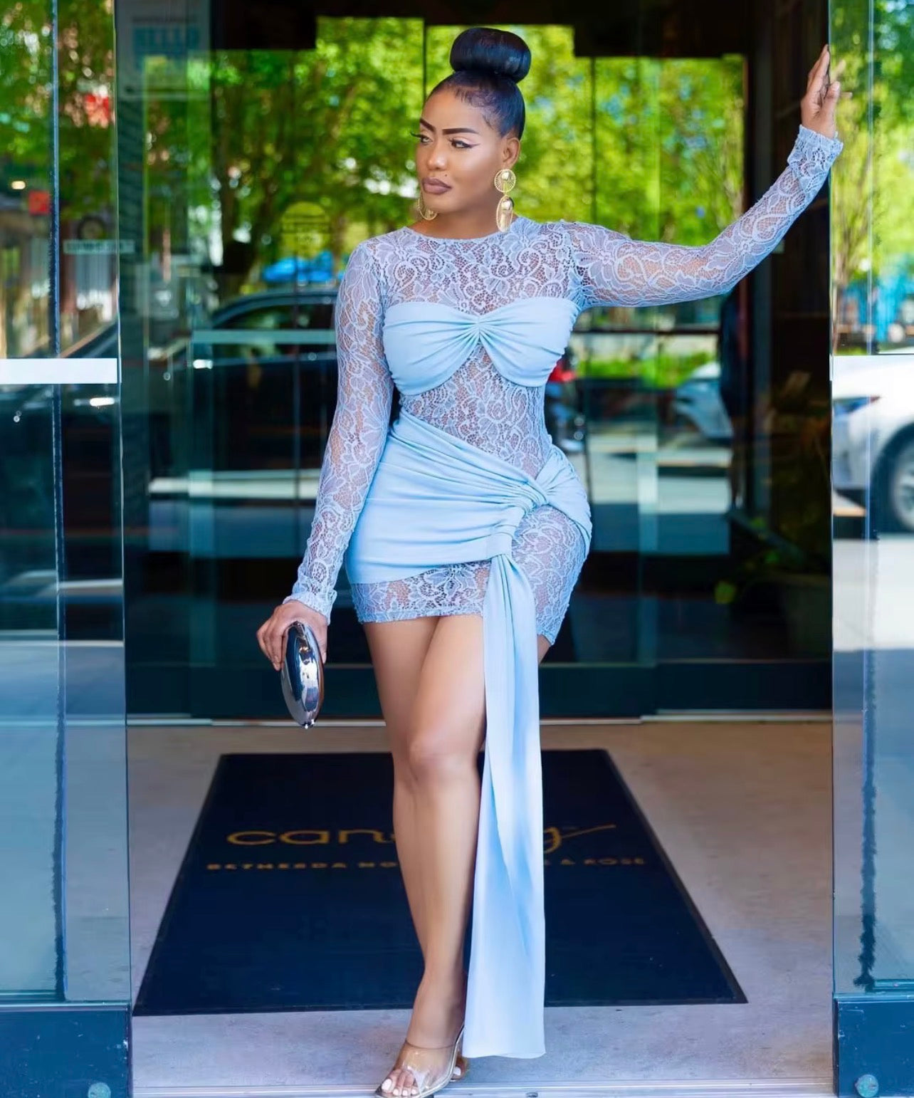 Vestido de renda sexy transparente manga longa