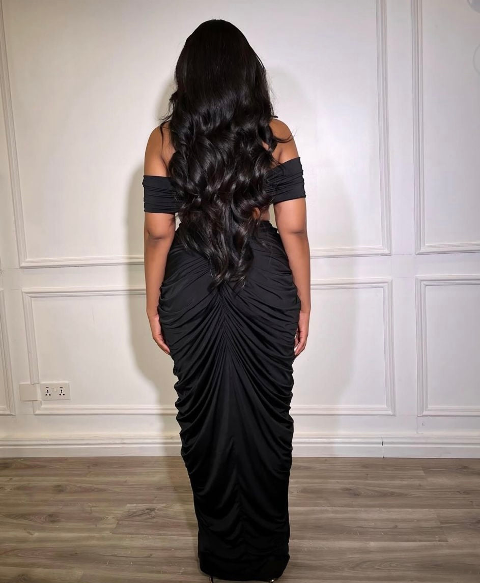 1724# V-neck top long ruched skirt V-belly