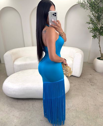 SX Vestido longo sexy com franja alça de corda