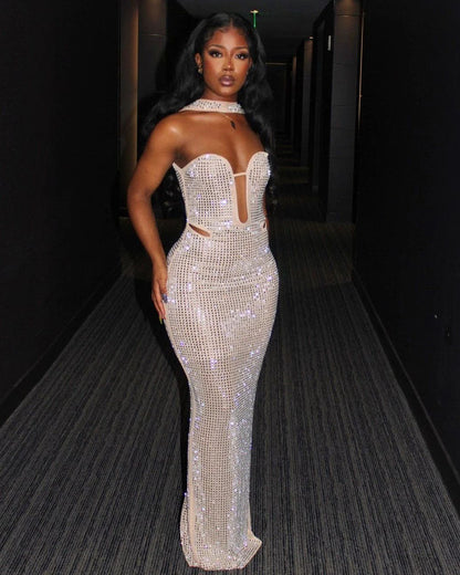 4060# Elegant long dress with rhinestones