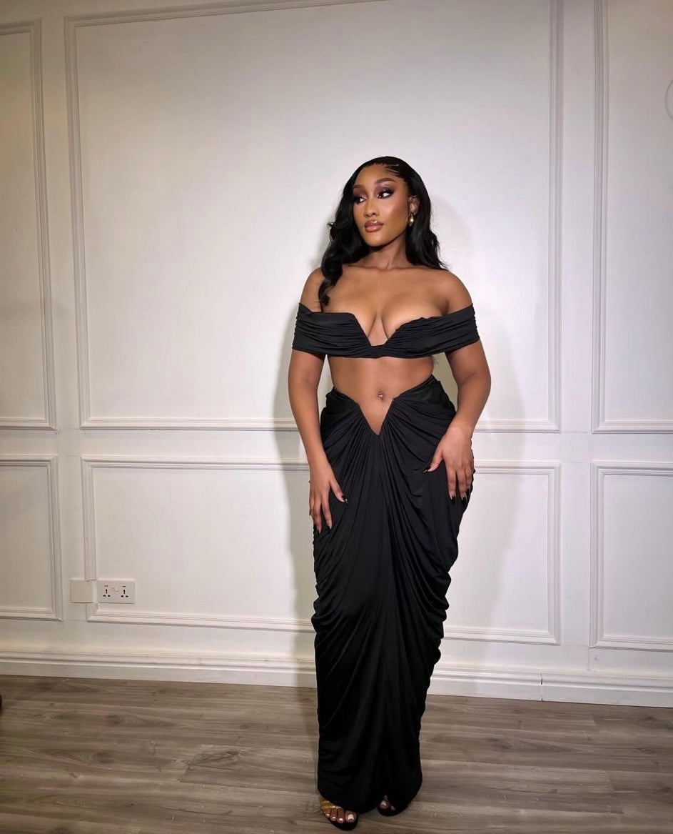 1724# V-neck top long ruched skirt V-belly