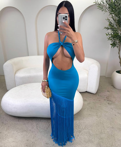 SX Vestido longo sexy com franja alça de corda