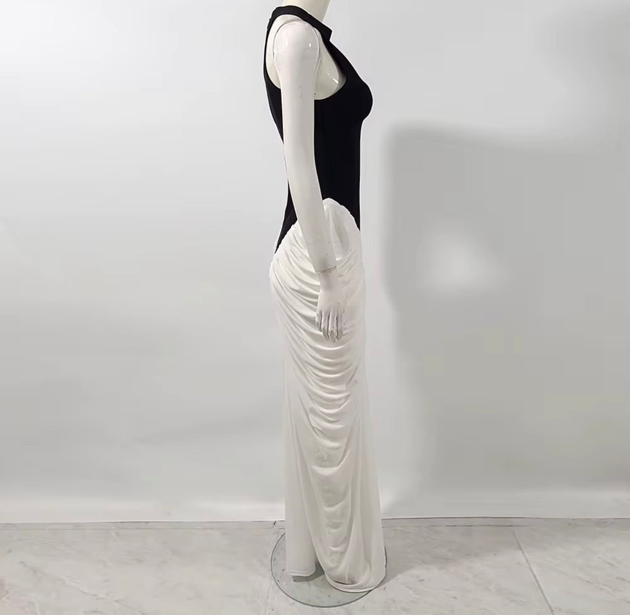 ITGIRLS BOO Vestido elegante com estampa de blocos de cores preto e branco, cintura alta, justo, bainha estilo rabo de peixe