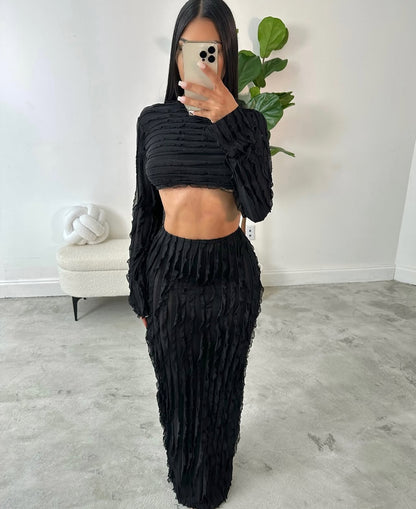 CJ 2007# crop top com gola saia longa plissada