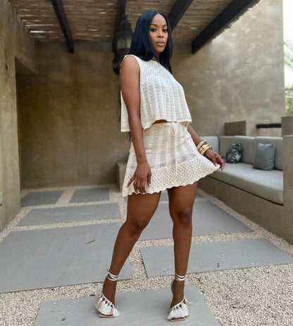 P80015# Conjunto elegante Praia Oco Semi-transparente Pulôver Sem mangas Tricô Top Saia curta