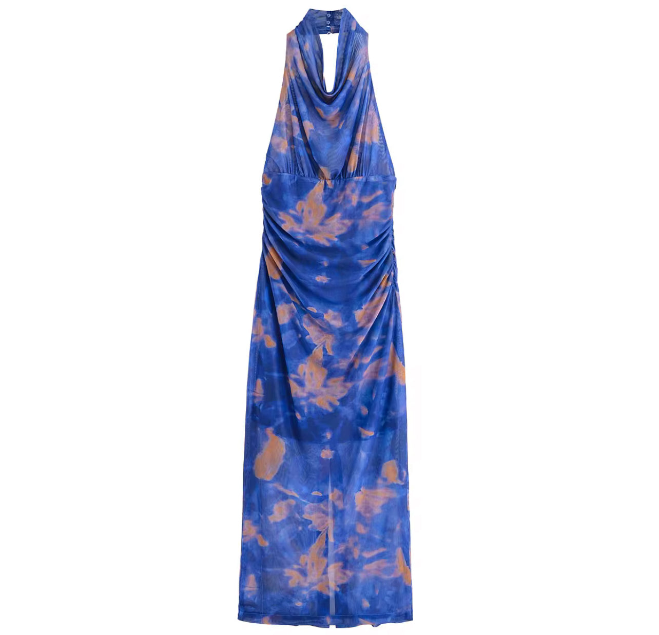 ZA10001# vestido longo plissado atrás em tule