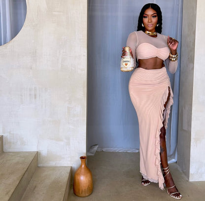 VL80042 Conjunto manga longa malha  saia com alta fenda