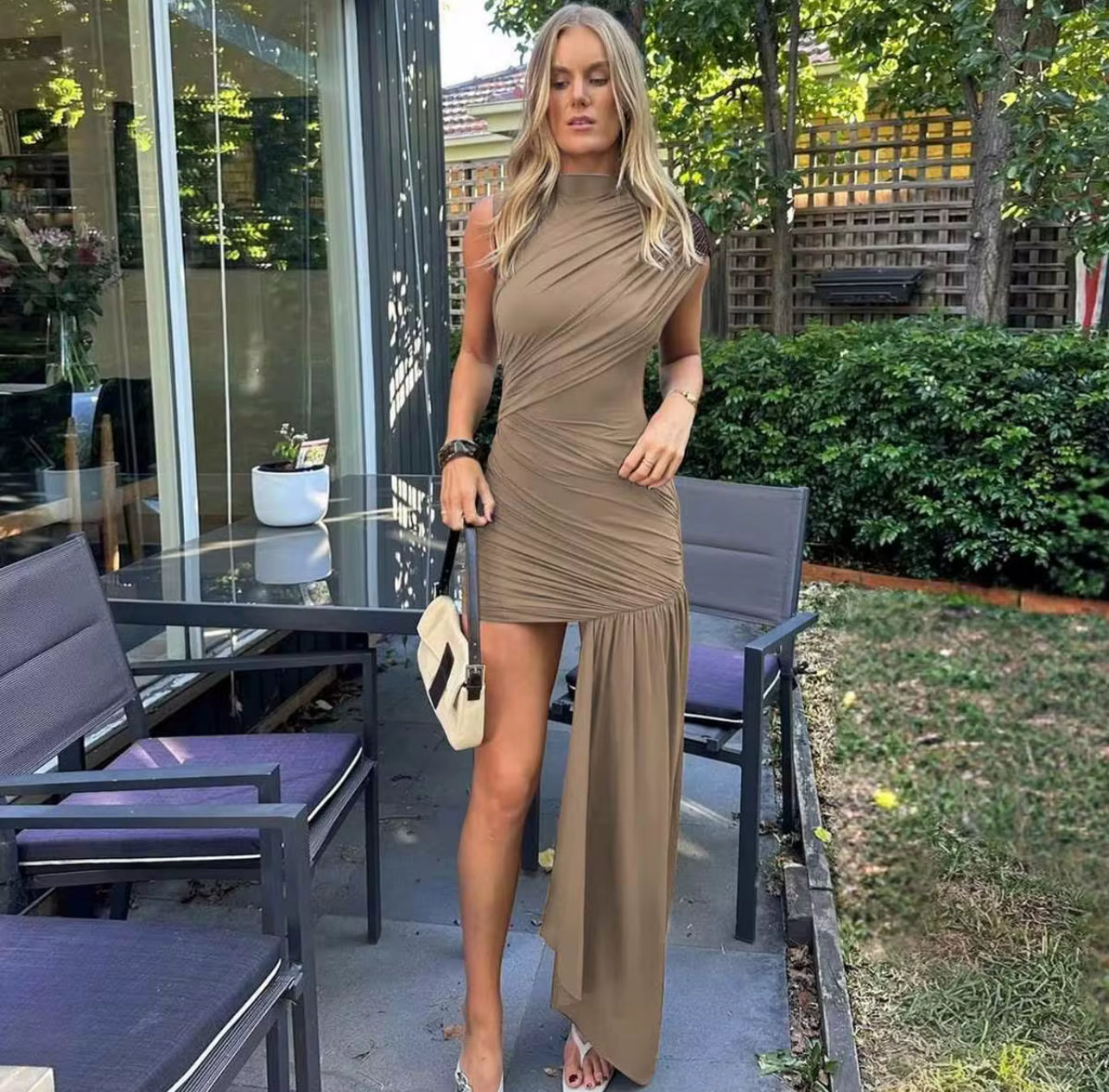 ZA10013#vestido plissado irregular