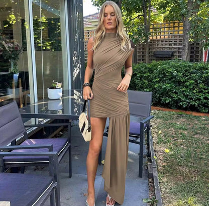ZA10013#vestido plissado irregular